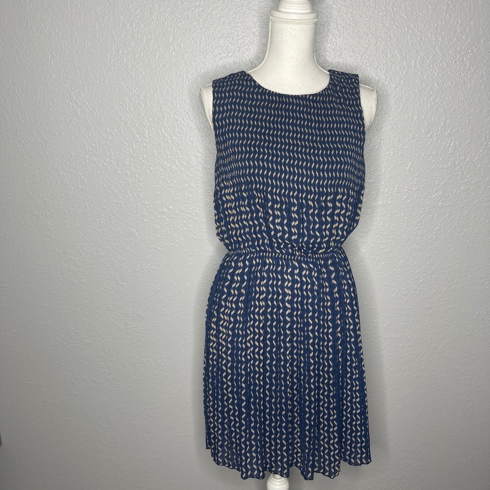 Joe Fresh Blue & Tan Pleated cinched waist Dress Medium